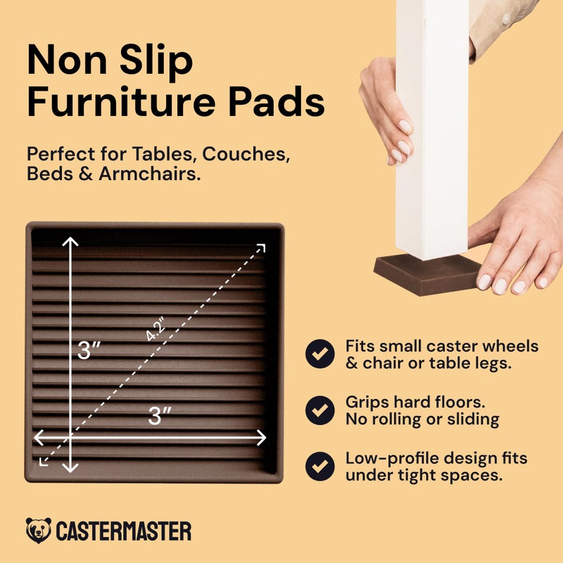 CasterMaster Non-Slip Rubber Furniture Pads - 3 in x 3 in Set of 4 Brown - Floor Protectors for Hardwood Floors & Chairs - Grippers & Rubber Feet for Furniture - Image 2